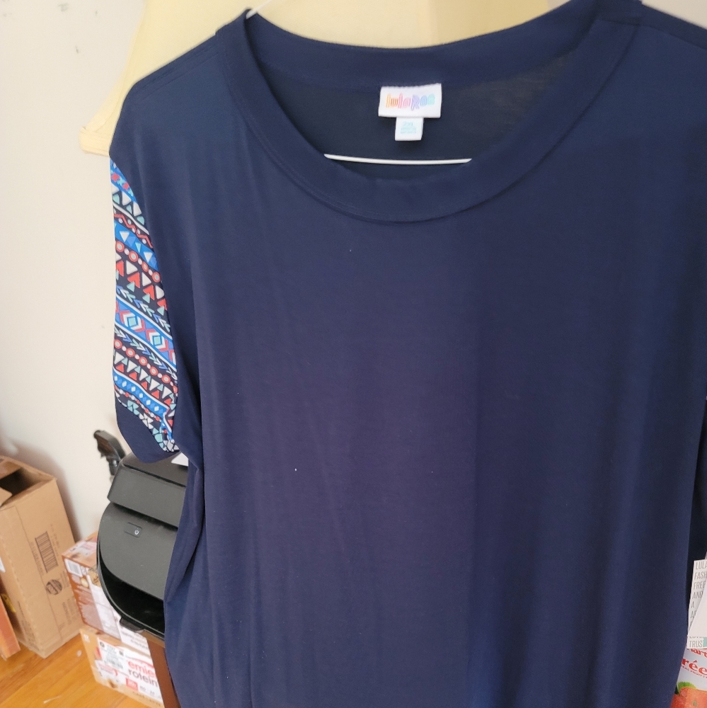 LuLaRoe Navy Top with Colorful Patterned Sleeves